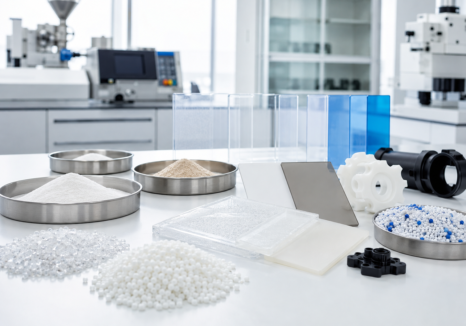 Materiales técnicos de aditivos para plástico en mesa de laboratorio