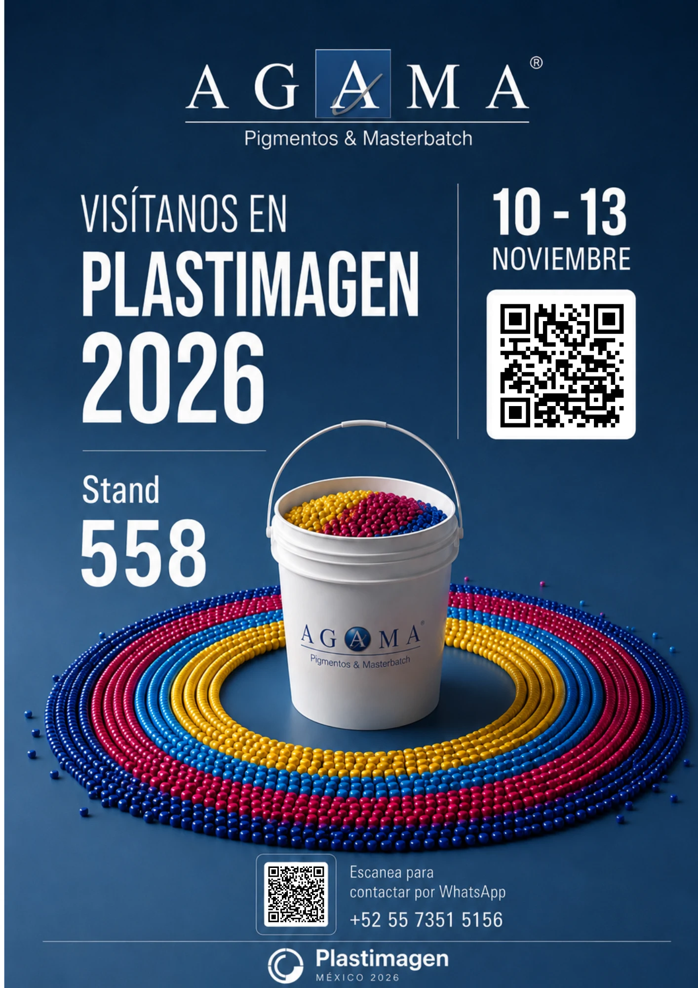 AGAMA en Plastimagen 2026 CDMX stand 558 con pigmentos, masterbatch y pellet de color