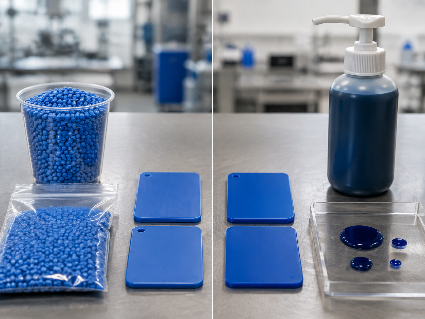 Masterbatch pellets and liquid colorant comparison for plastics processing