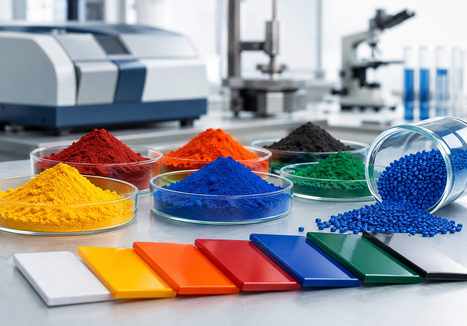 Materiales de pigmento para plástico en mesa de muestras industriales