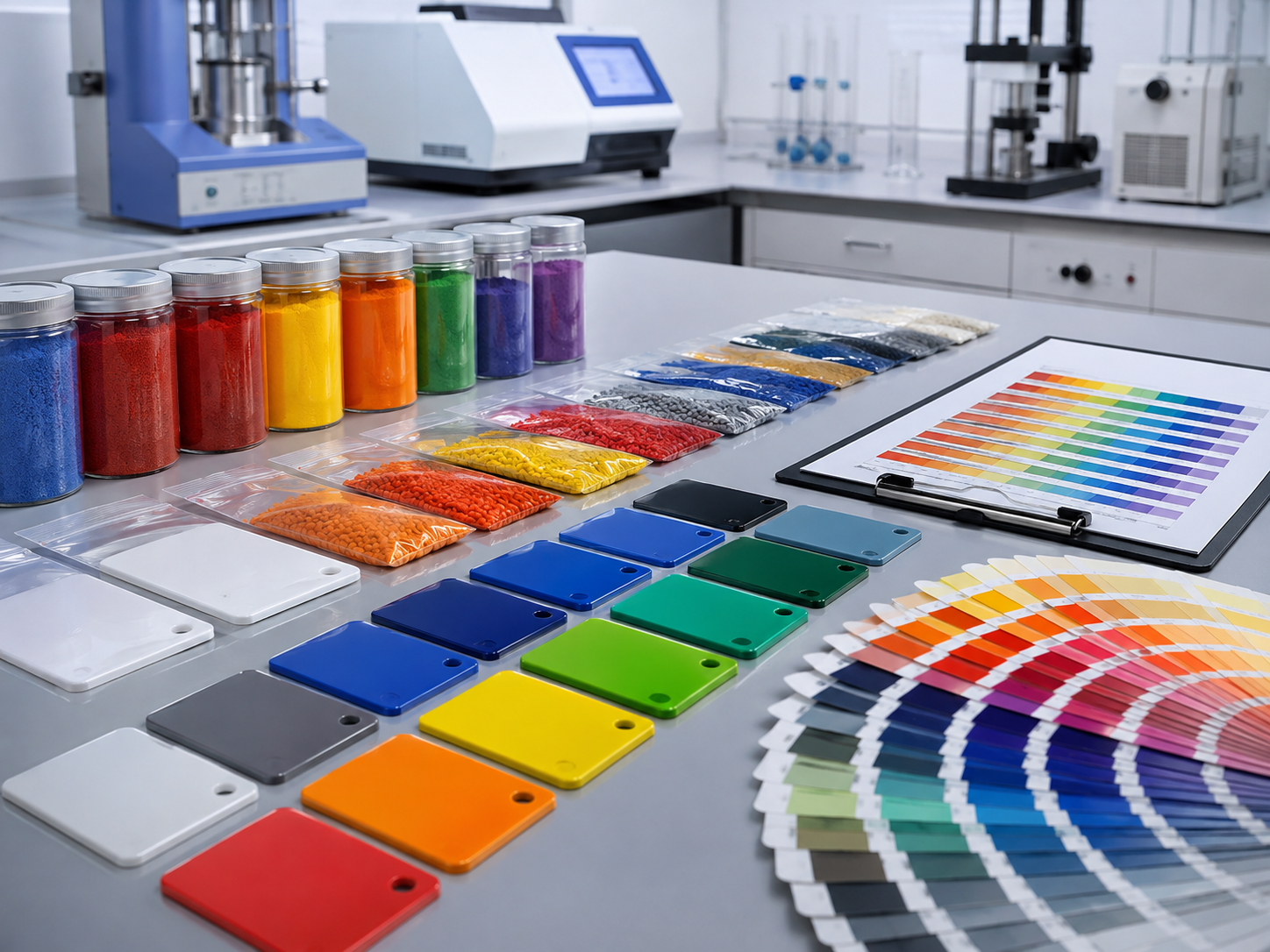 Plastic colorant supplier review with pigments, masterbatch samples, color plaques, and lab records