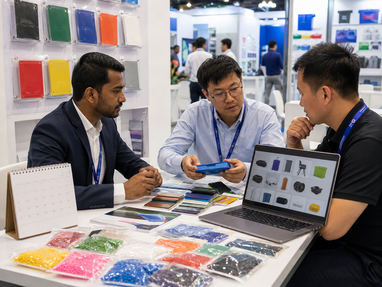 Plastics event meeting with masterbatch samples, color plaques, and product catalog review
