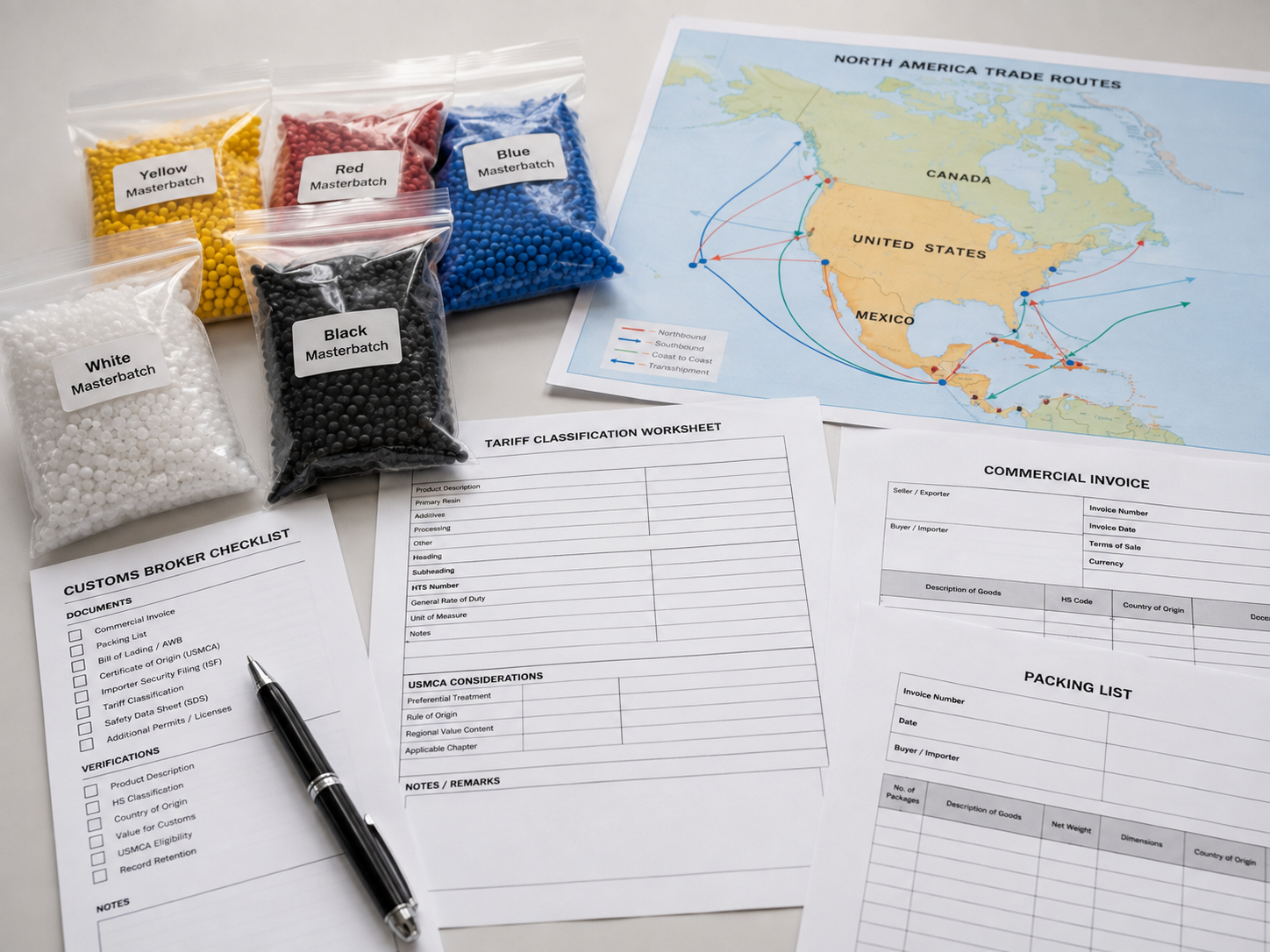 USMCA rules of origin documentation for plastic inputs with masterbatch samples and trade records