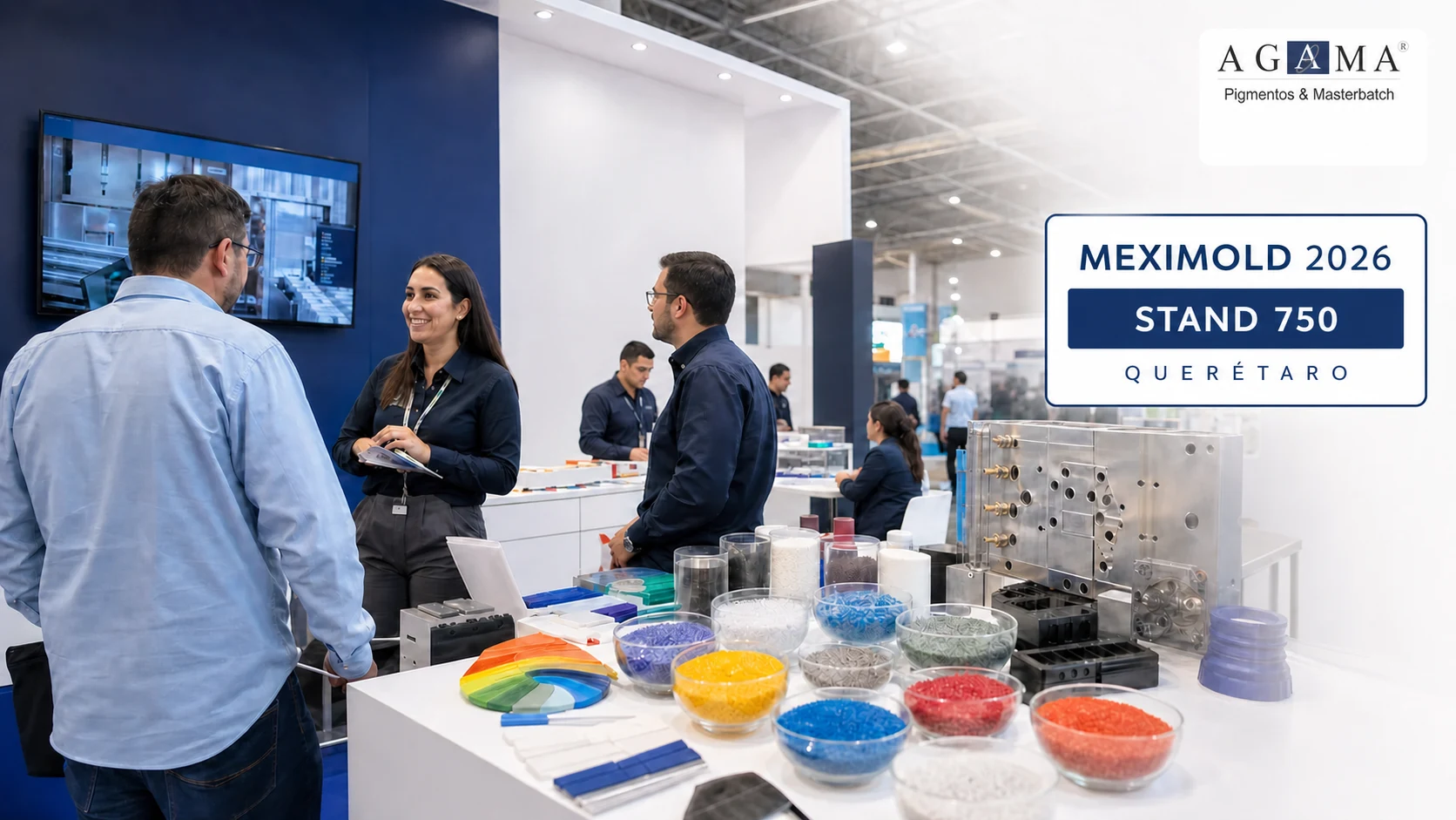 AGAMA en Meximold 2026 stand 750 con pigmentos, masterbatch y molde de inyección